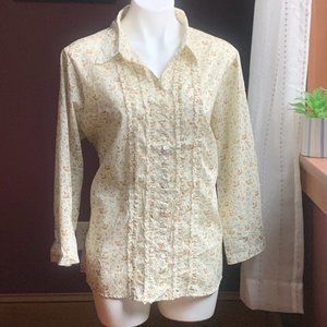 EDDIE BAUER Gold and Blue Floral Ruffle Button Down Cotton Shirt NWOT XLT